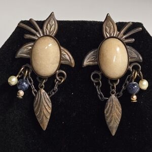 Vintage Bronze and Cream Colored Stone Earrings 1 1/2" X 1"